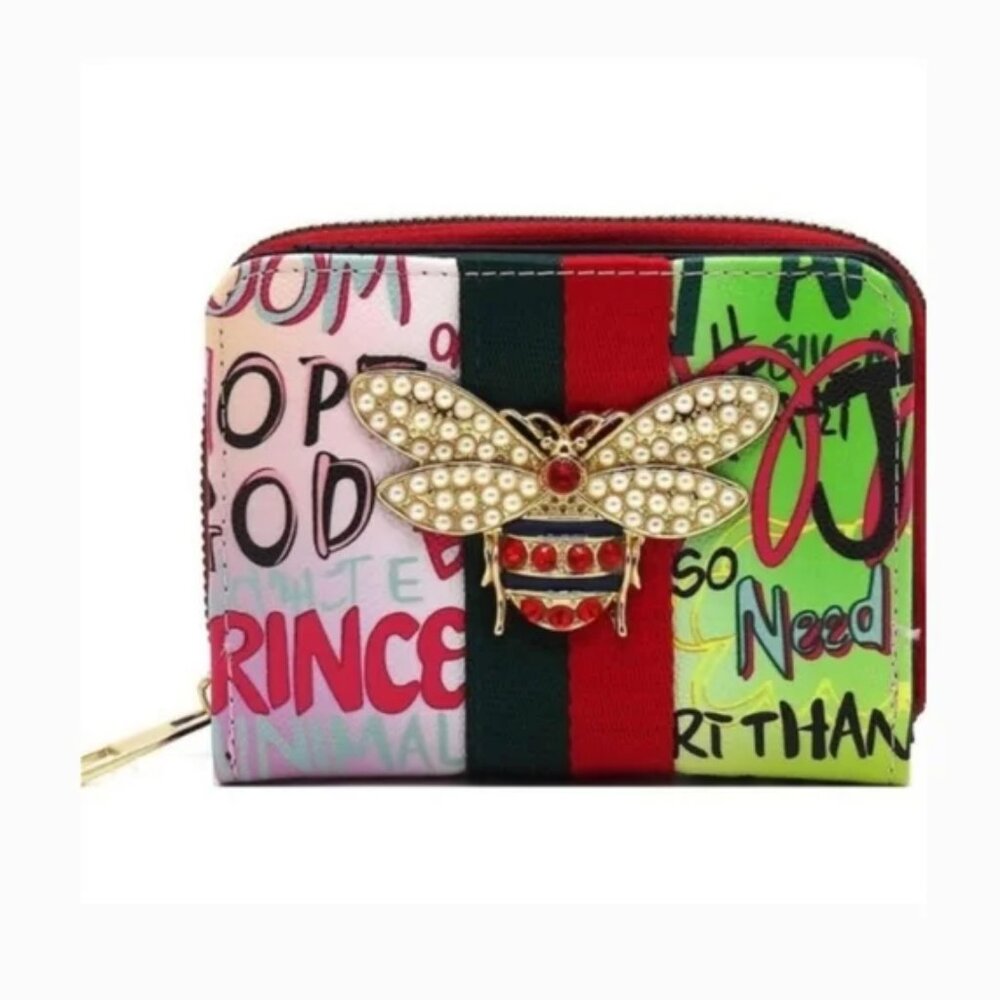Pearl Queen Bee Graffiti Zip Around Bi-fold Wallet - Picture 1 of 3